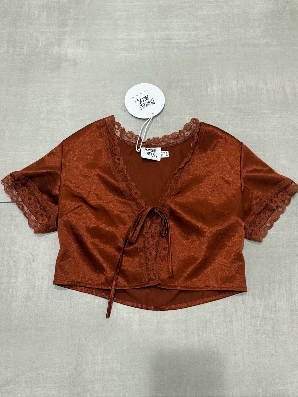 Princess Polly Rust Lace-Trim Tie-Front Crop Top